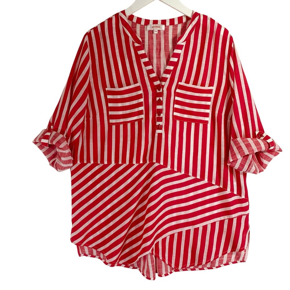 Grenier stripped red& white  blouse top V-neck chest pockets  3/4 sleeve size lg